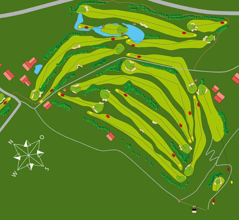 von auf die Bedürfnisse von Golfern ausgerichtete Hotels und Pensionen. Obige Grafik des Verlaufs der Golfbahnen zeigt die unmittelbare Nähe der Hotels zum Golfplatz.