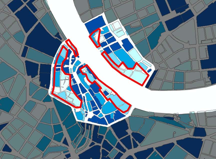 Abb.: Wohnanteile 2015 in der Innenstadt (Anteil Wohnnutzung an gesamter Bruttogeschossfläche 2015 in %) Änderungsperimeter mit