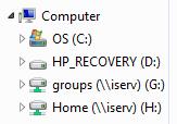 Nach der individuellen Anmeldung am jeweiligen PC stehen das Laufwerk H: Home(//iserv) für das eigene Dateiverzeichnis und das Laufwerk G: groups(//iserv) für die Ordner der ISERVGruppen, in denen