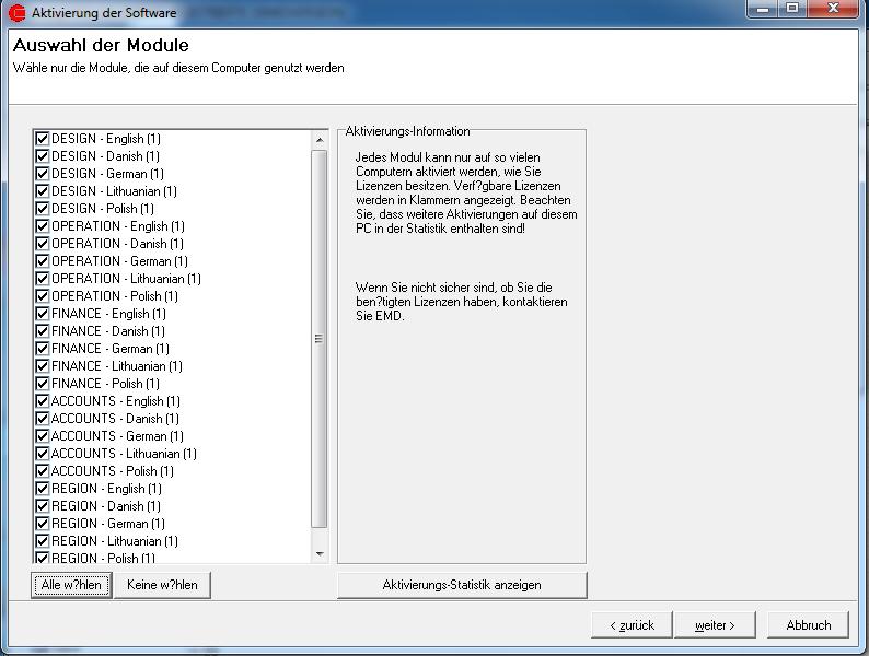 Wenn Aktiviere individuelle Module ausgewählt wurde, wählen Sie im Anschluss die Module, die Sie aktivieren möchten, aus. In einer Liste sind alle verfügbaren Module aufgezählt.