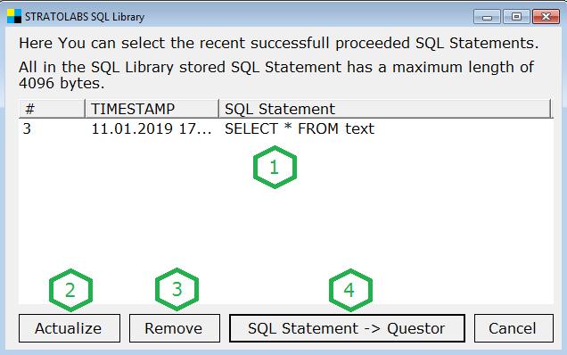 7.) SQL Library In der SQL Library welche über die gleichnamige Schaltfläche aufgerufen wird, wird eine Liste der bisher aufgerufenen SQL- Texte angezeigt.