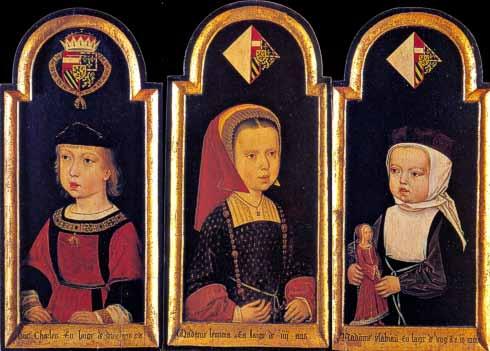 Hätte ein pfälzisches Familienbild werden können: Der spätere Kaiser Karl V. als Zweijähriger mit seinen Schwestern Eleonore (4 Jahre) und Isabella (drei Jahre). Friedrich II.