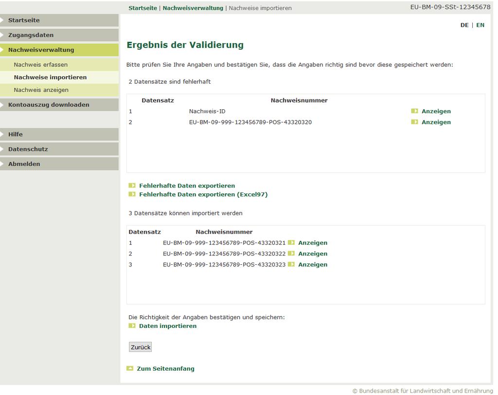 Nachweis importieren - 2 Sie bekommen für jeden Nachweis in einer csv- Datei angezeigt, ob dieser fehlerhaft ist oder importiert werden kann.