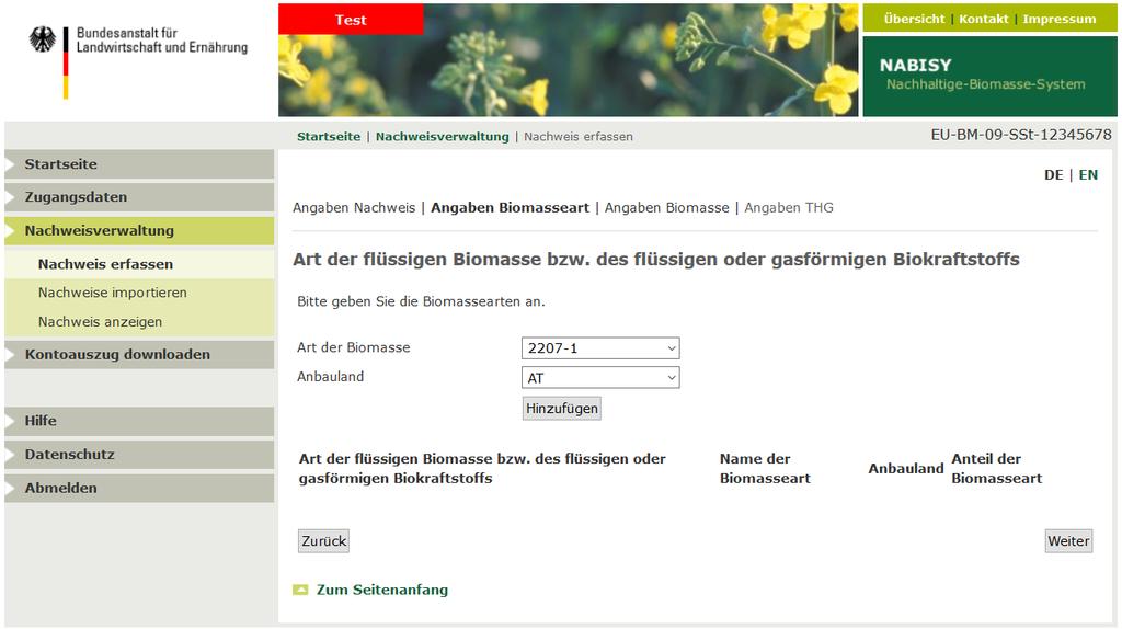 Nachweis erfassen - 3 Hier müssen Sie die Biomasseart angeben. Eine Liste der Biomassearten finden Sie unter www.ble.de/biomasse.