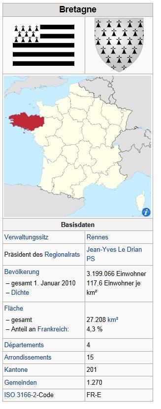 Informationen aus Wikipedia zur Bretagne: Die Bretagne (bretonisch Breizh, deutsch veraltet auch Kleinbritannien) ist eine westfranzösische Region.