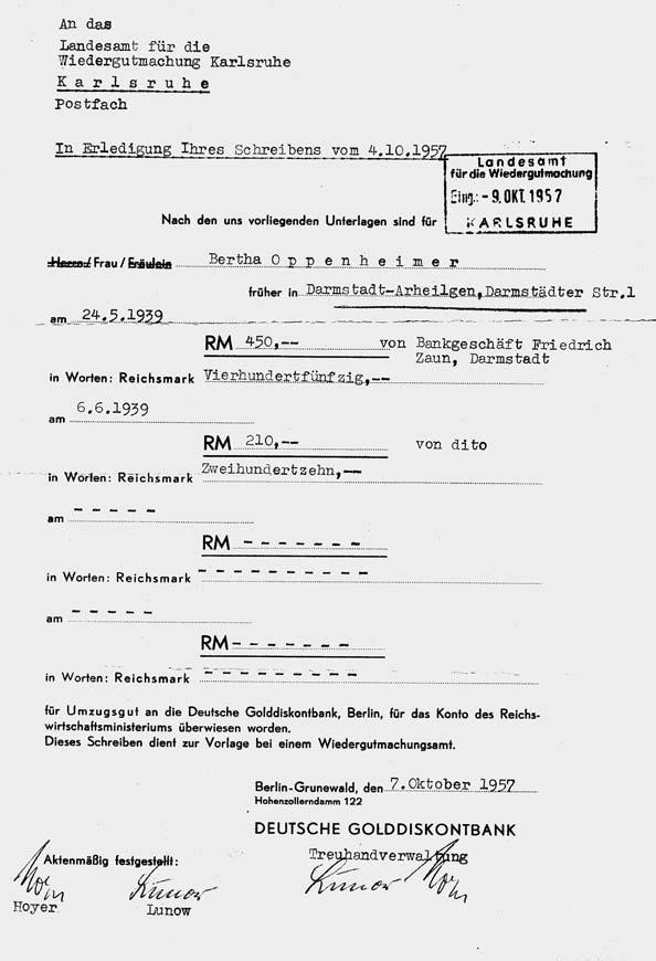 2.2 Abwanderung und Flucht bis 1939 207 Bescheinigung der Deutschen Golddiskontbank für die 1939 entrichtete Abgabe für Umzugsgut (GLA 480 EK 10326) mer in Höhe von 1.