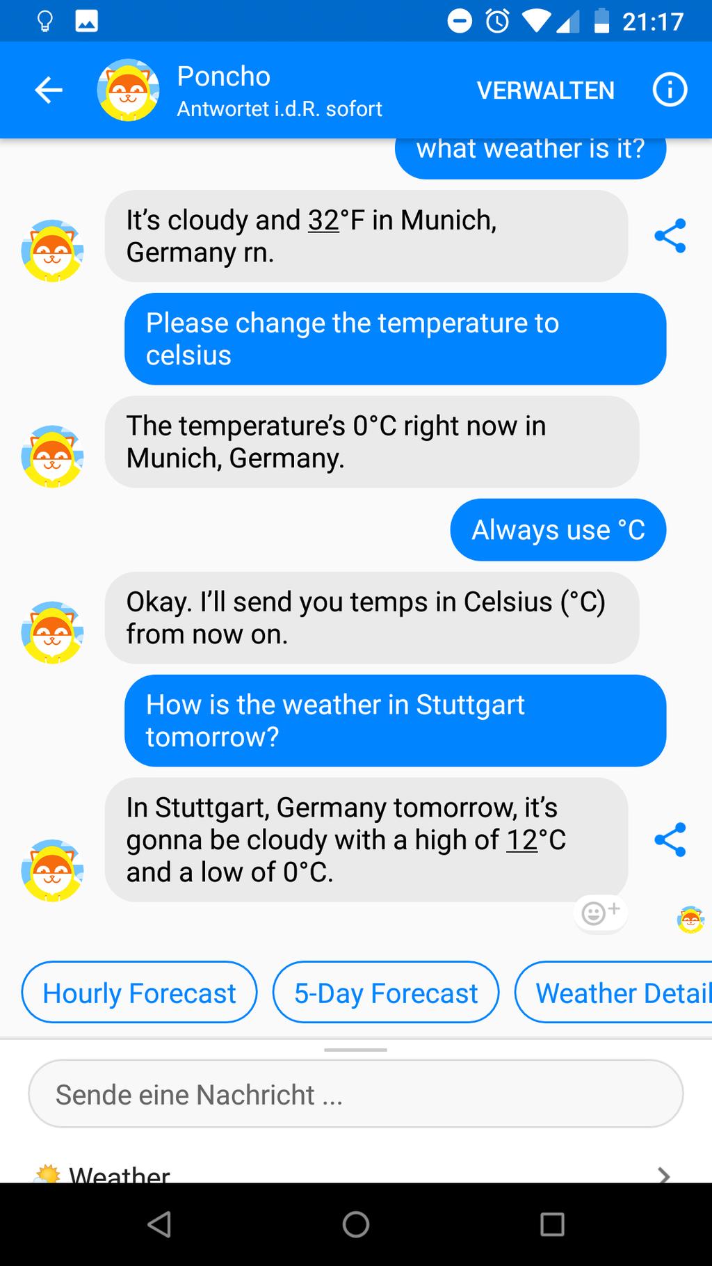 Aktuelle Chatbots Poncho the Weathercat Wetterinformationen 2018