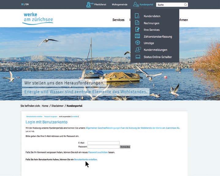 Kundendienst Das Kundenportal informativ und persönlich Seit dem Jahr 2015 bietet die Werke am Zürichsee AG auf ihrer Website für alle Kundinnen und Kunden die Möglichkeit, ihre persönlichen Daten