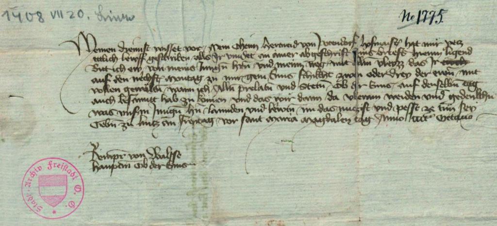 Am 20. Juli 1408 berief Reinprecht von Wallsee, Hauptmann ob der Enns, zwei oder drei Abgeordnete aus Freistadt für den folgenden Montag zur Beratung mit den Prälaten und Städten des Landes nach Enns.