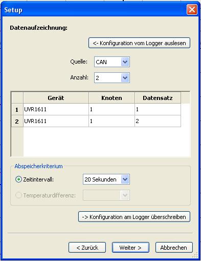 Datenlogger : D-LOGG oder BL-NET Kurzbeschreibung: 1 Auslesen der im Logger gespeicherten Konfiguration 2 Festlegung der Quelle (CAN, DL) und Anzahl der Datenleitungen bzw.