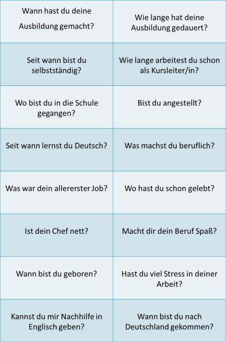 1) Eisbrecher: Erst ausprobieren, dann evaluieren Wiederholung der Fragestrukturen mehrerer Lektionen / Methode: Wimmeln mit Kärtchentausch 1) Nehmt euch pro Person eine Karte mit einer Frage 2) Alle