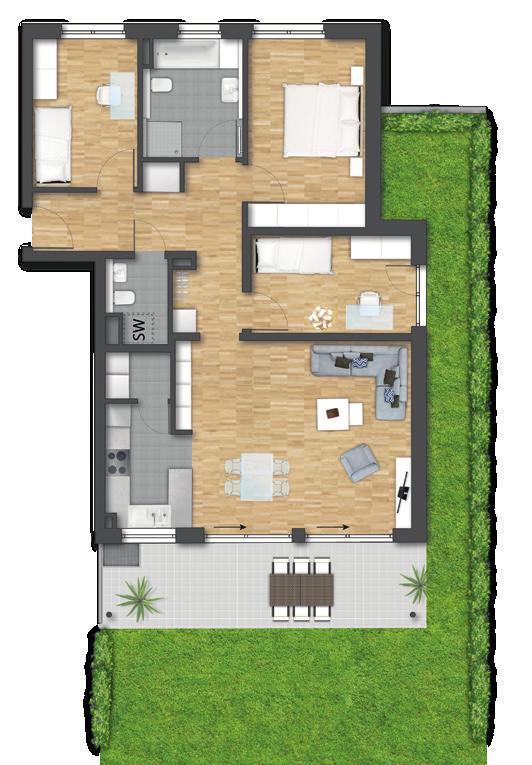 Terrasse mit Gartenanteil Bad 2 Zimmer 2 Wohnflächen-Rechner EG 28,09 m 2