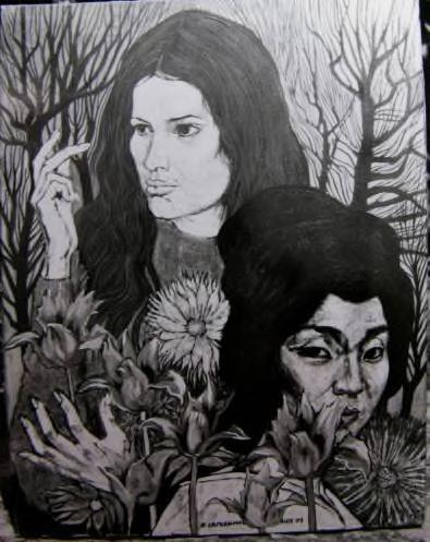 71-059-OE Titel: zwei Frauenportrait in Blumen hinten kahle Bäume Material: vermutlich Öl LWD Mittig