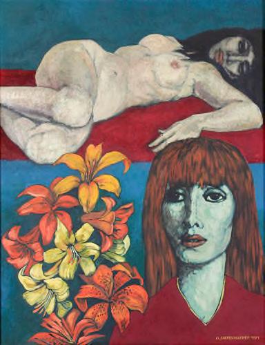 Frauenakt liegend und Frauenportrait mit Lilienstrauß links Material: Öl Leinwand Masse: 70 x 90 cm RE