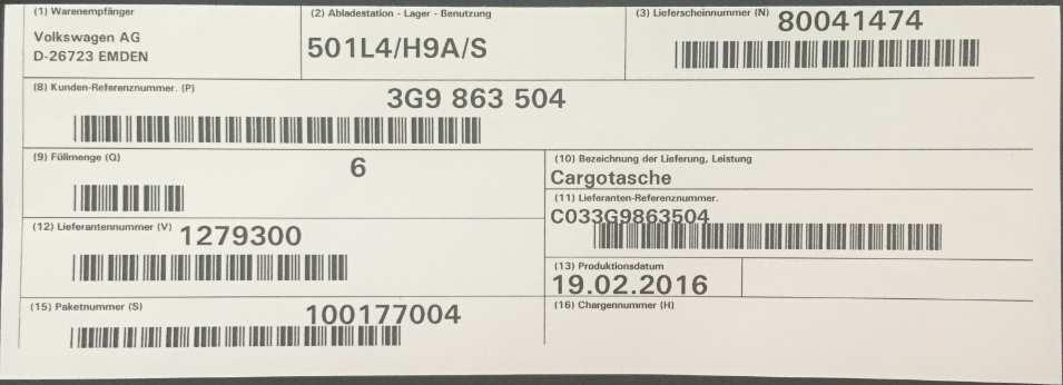 Abbildung 2: Label nach VDA 4902, Version 4 Für die Kennzeichnung der Warenanhänger sind folgende Angaben notwendig: 1. Warenempfänger 2. Abladestation-Lager-Benutzung 3. Lieferscheinnummer 4.