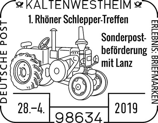 Philatelisten Rechteck Deutsche Post / Erlebnis: Briefmarken / 125 Jahre / Regensburger / Philatelisten / 170 Jahre / Bayerische Briefmarken / Briefmarkenschau vom / 27.4. - 5.5.2019 / 1 / BAYERN / 1 / KREUZER / 1 / FRANCO / 1 / EIN Regensburger Bote, Schwarzer Einser Fa.