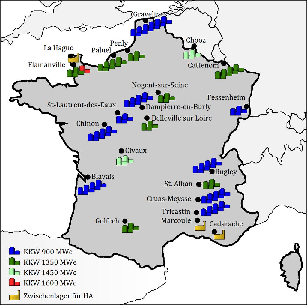 Beispiele Frankreich 58 Reaktoren an 19 Standorten ca.