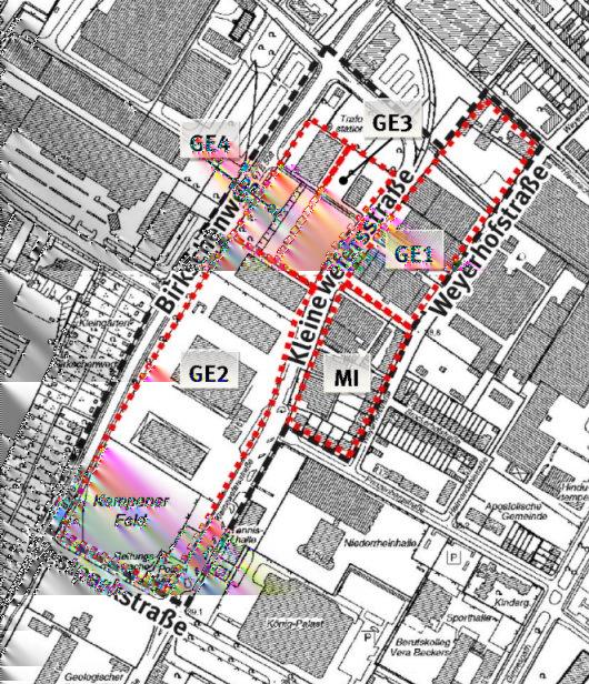 Begründung Seite 3 Mischgebiet (Südende Weyerhofstraße / Prinzenbergstraße / Kleinewefersstraße) Die vorhandene Nutzungsmischung aus Wohnen und gewerblichen Nutzungen ohne wesentliches Störpotenzial