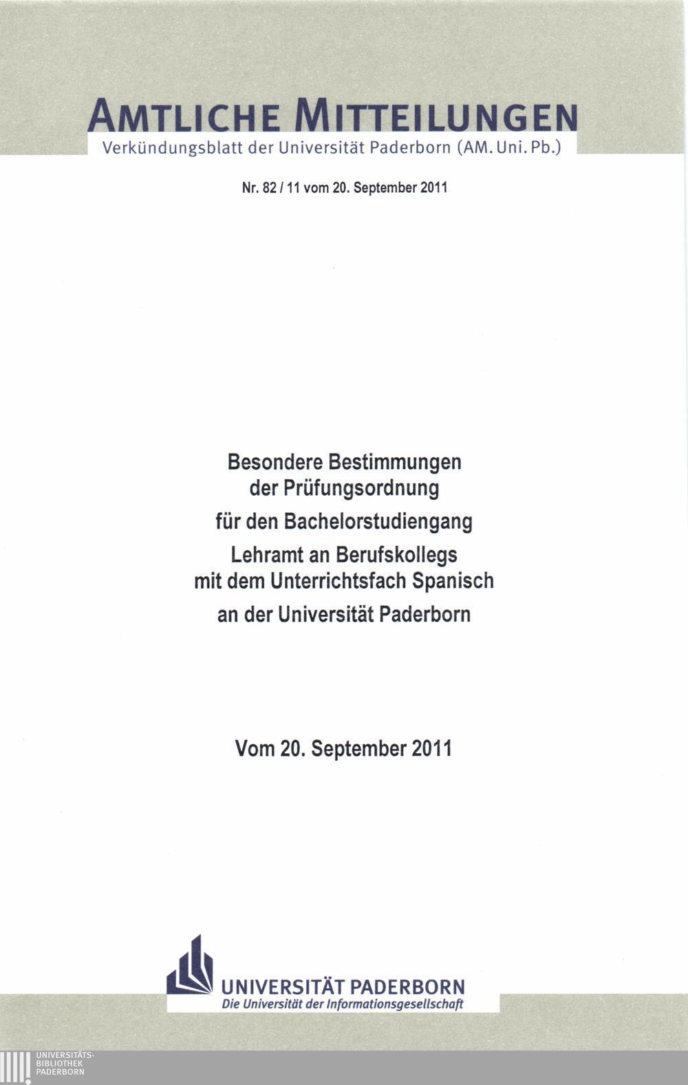 Amtliche Mitteilungen Verkündungsblatt der Universität Paderborn (AM. Uni. Pb.) Nr. 82 /11 vom 20.