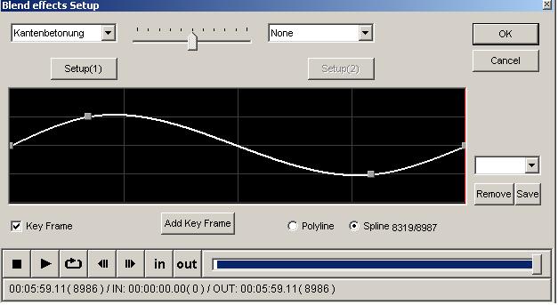 Keyframe-Programmierung eines Übergangseffekts mit Spline -Interpolation Die Zahlen unter der Grafik (rechts neben der Option Spline ) geben an, auf welchem Bild der Cursor gerade steht, bzw.