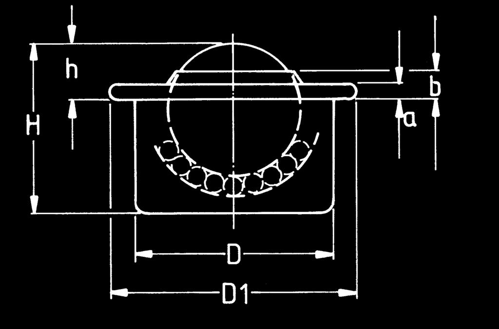 KSB Kugelrollen Stahl Blech Größe 15, 22, 30 en D D1 h H a b Tragzahlen Gewicht A=Gehäuse blank mit St.-Kugeln ±0,08 ±0,3 Stahl Edelst. B=Gehäuse verz.