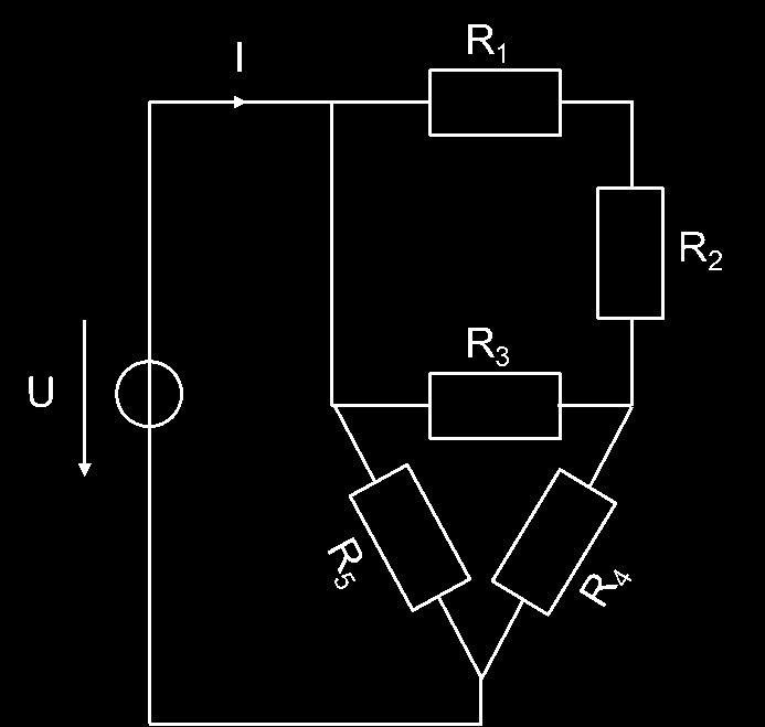 1. Kurzfragen zu Elektrotechnik 1 (18 Punkte) KF1) Bestimmen Sie den Strom I in der skizzierten Schaltung, der sich einstellt, wenn U= 15V, R1=R2=R5=1Ω und R3=R4=2Ω sind!