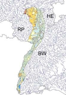 Abb. 13: Übersicht über die Gewässerlandschaften von BRIEM (2003) in der naturräumlichen Einheit Oberrheinisches Tiefland. 6.