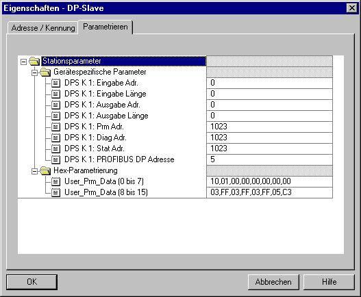 Parameter PROFIBUS Unter dem Register "Parameter" können Sie beispielsweise für den CC 03 mit integriertem PROFIBUS-DP-Slave 603-2CC21 Parameter für den PROFIBUS-Anschluss eingeben.