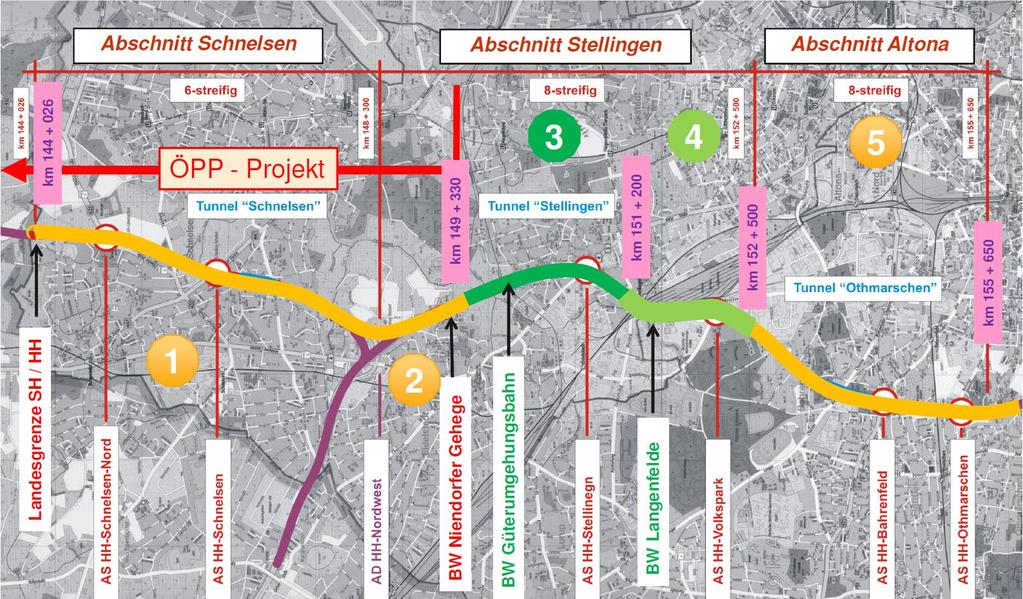 Ausbau der BAB A7 nördlich des Elbtunnels Planungsabschnitte und Zeitplan 1 2 ÖPP Schnelsen 3 Tunnel Stellingen 4 Brücke Langenfelde 5 Abschnitt Altona Abschnitt