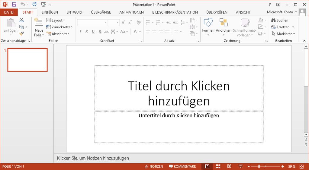 2 ECDL - Modul Präsentationen (mit Windows 8 und PowerPoint 2013) Symbolleiste für den Schnellzugriff Register des Menübands Optionen für die Anzeige des PowerPoint-Fensters Menüband Miniaturansicht