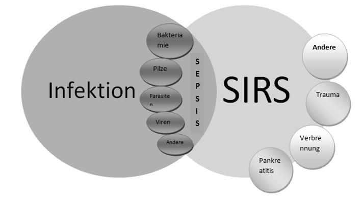 Abb. 1:Venn-Diagramm zeigt gegenseitige Beziehung zwischen SIRS, Sepsis und Infektion modifiziert nach Bone et al (1992) Sepsis und die damit einhergehenden Folgen stellen ein Kontinuum klinischer