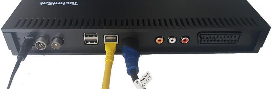 Box) mit Netzwerk-Kabel (LAN) an Netzwerk-Buchse (10/100 Base ETHERNET)