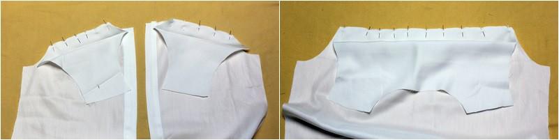 Die Nähte versäubern/pin the front yokes with the front piece, right sides together and with gathering the excess fullness of front piece, and stitch.