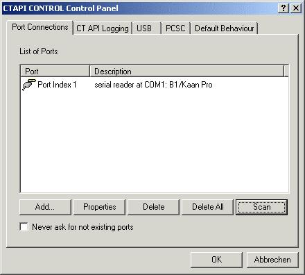 Nach dem Start dieser Schaltfläche erscheint das CTAPI Control Panel: Die Anzeige in obigem Beispiel entspricht einem KOBIL KAAN Professional, der seriell an der Schnittstelle COM1 an den PC
