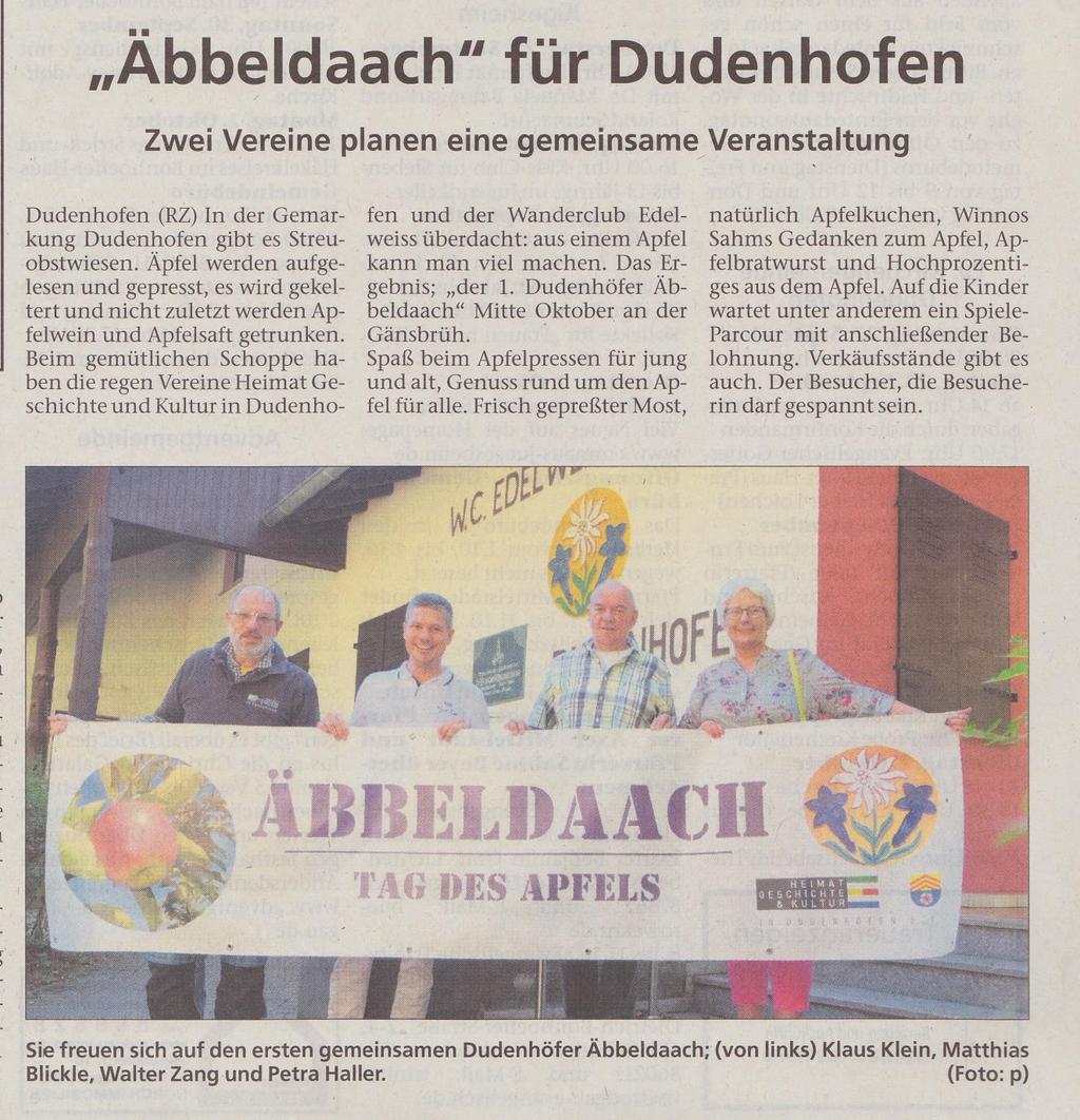 Äbbeldaach am 13.10.2018 Nachlese Am 13.10.2018 ab 10 Uhr hatte der HGKiD gemeinsam mit dem Wanderclub zum 1. Äbbeldaach Tag des Apfels am Wanderclubhaus Gänsbrüh eingeladen.
