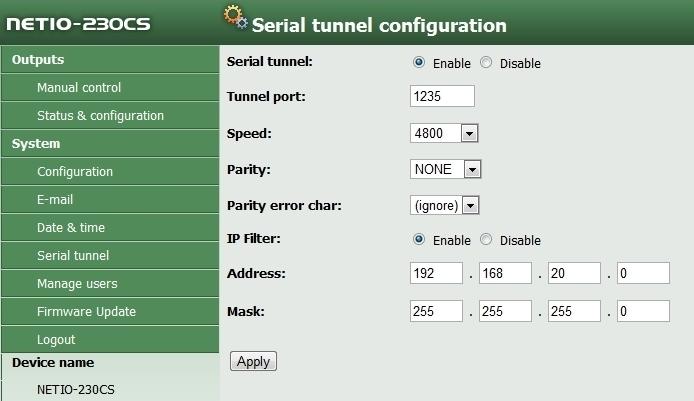 Abbildung 5.8. Konfiguration des Serientunnels 5.2.5. Konfiguration der Benutzerkonten Kategorie Manage users im Menü System enthält die Einstellungen der Benutzerkonten.