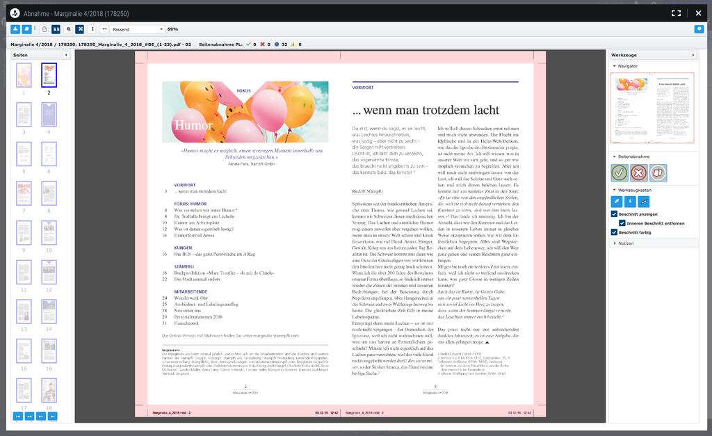 einzelner Farbauszüge Lineal zum Messen von Abständen Darstellung der Seite im Fenster Navigation im Dokument, Seiten durch Pfeile oder direktes Anklicken auswählen.
