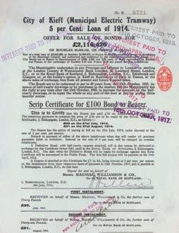 1300 Schätzpreis: 80,00 EUR Startpreis: 40,00 EUR City of Kieff (Municipal Electric Tramway) 5 % Loan 100, Nr. 8721 London, 9.7.1914 - Scrip Certificate. Text nur englisch.