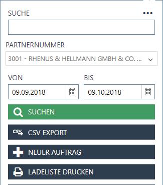 Aufträge: Funktionsbereich Im Funktionsbereich für Aufträge können Sie die Aufträge für artner oder Kunden suchen, exportieren (CSV