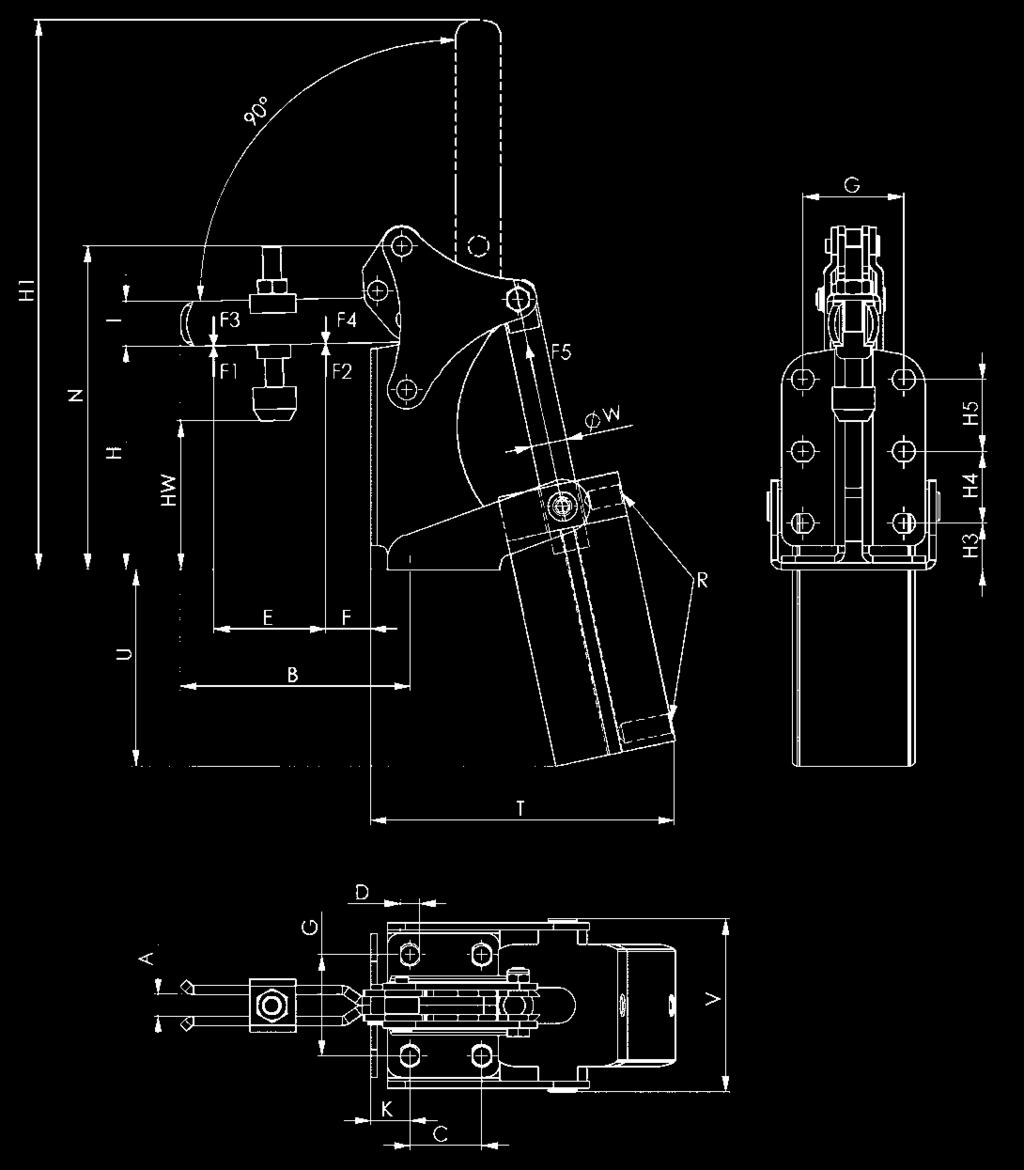 Pneumatikspanner 6821M Pneumatikspanner mit vertikalem Zylinderanbau. Platzsparend durch abgewinkelte Bauform. Waagrecht oder senkrecht montierbar.