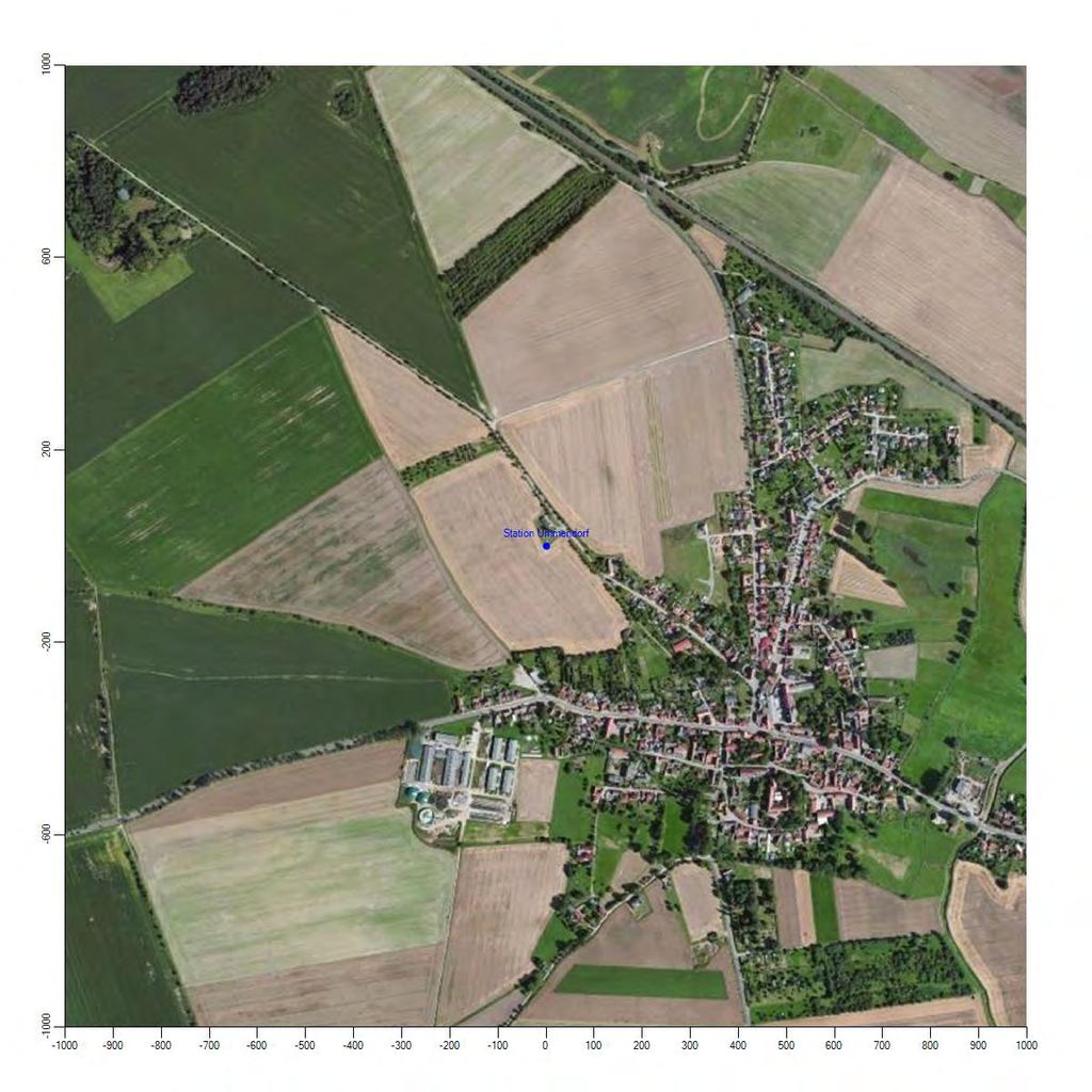 Abbildung 14: Luftbild mit der Umgebung der Messstation Orographisch ist das Gelände im engeren Umkreis nur schwach gegliedert. Es ist von allen Richtungen eine ungestörte Anströmung möglich.