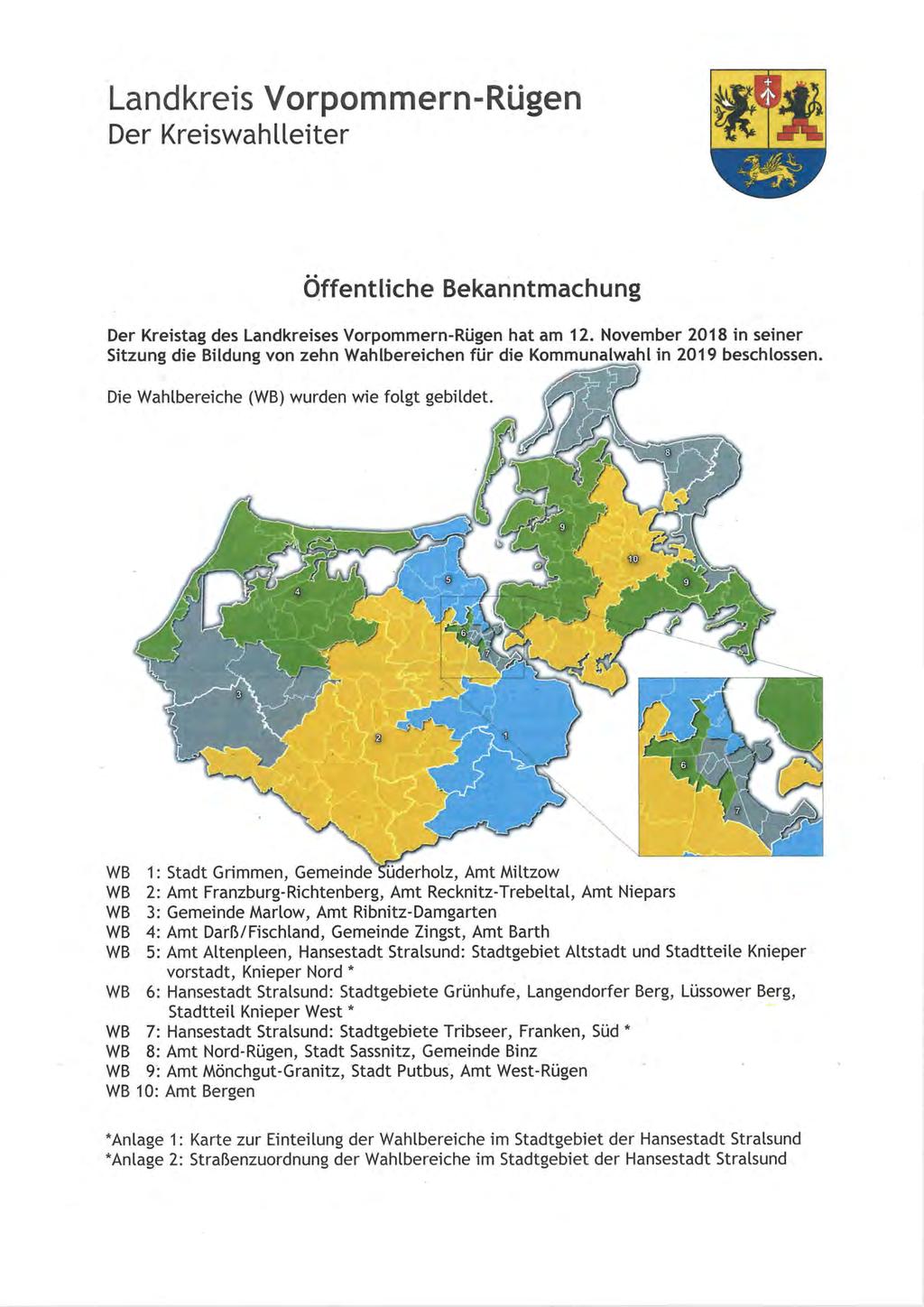 Landkreis Vrpmmern-Rügen Der Kreiswahlleiter Öffentliche Bekanntmachung Der Kreistag des Landkreises Vrpmmern-Rügen hat am 12.