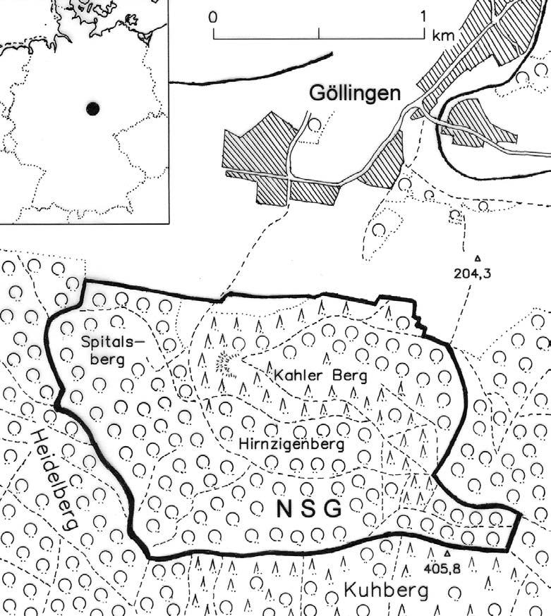 Marstaller: Bryosoziologische Studien im Naturschutzgebiet Kahler Berg-Kuhberg bei Göllingen 293 Abb. 1: Lage des Naturschutzgebietes Kahler Berg-Kuhberg bei Göllingen (Kyffhäuserkreis, Thüringen).