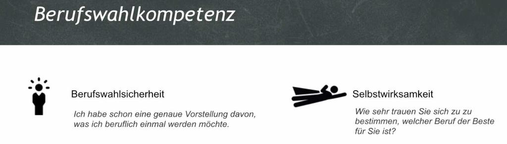 5 Lern- und Kompetenzbereiche 1. Berufliche Sicherheit 3. Berufswahlbezogene Selbstkompetenz 5. Berufswahlengagement 2. Berufliches Selbstkonzept 4.