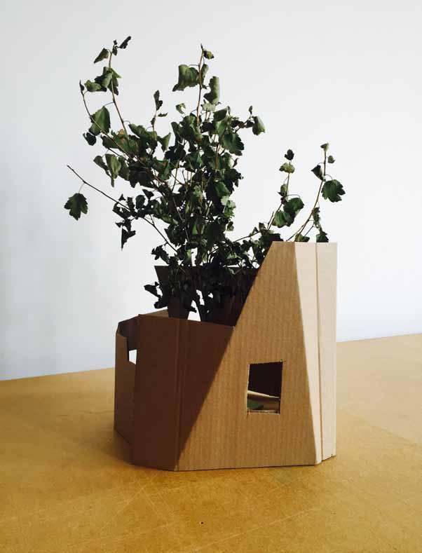 Modell für Haus im Wald Wald im Haus Freie Arbeit 2015, ca. 34 x 27 x 27 cm, Karton, belaubte Äste Dieser Entwurf ist für eine große ArchiSkulptur mittem im Wald vorgesehen.