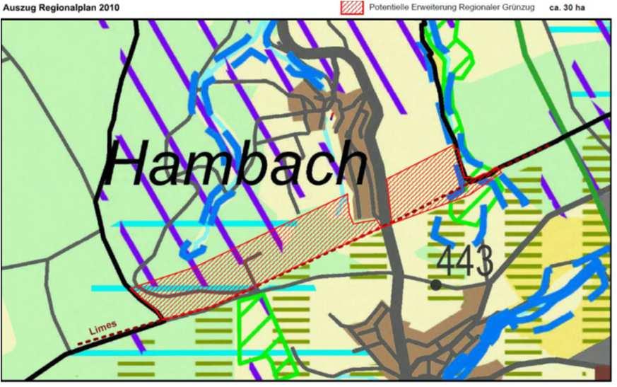 Anhang 1 Neue Vorrangflächen Regionaler Grünzug Seite 2 von 3 Hambach (30 ha) Die Erweiterung des Vorranggebietes Regionaler Grünzug nach Norden insbesondere zum Schutz des Limes wird von der Stadt