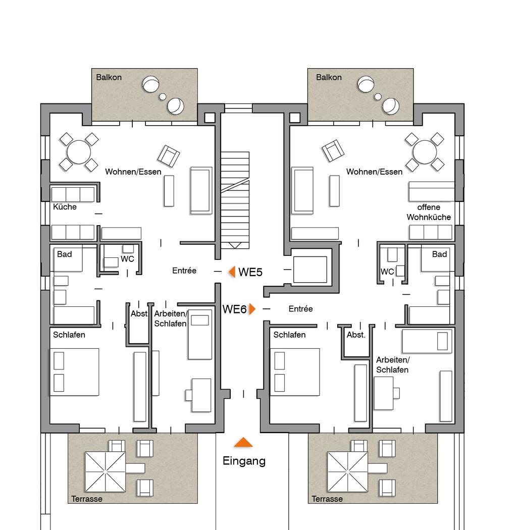 5 & 6 Erdgeschoss 5 6 Wohnfläche 98.06 m² Wohnfläche 99.15 m² Abstellraum 1.20 m² Arbeiten/ 13.48 m² 6.24 m² Balkon* Entrée Terrasse* WC Wohnen/Essen 4.94 m² 10.83 m² 4.83 m² 16.75 m² 8.31 m² 1.