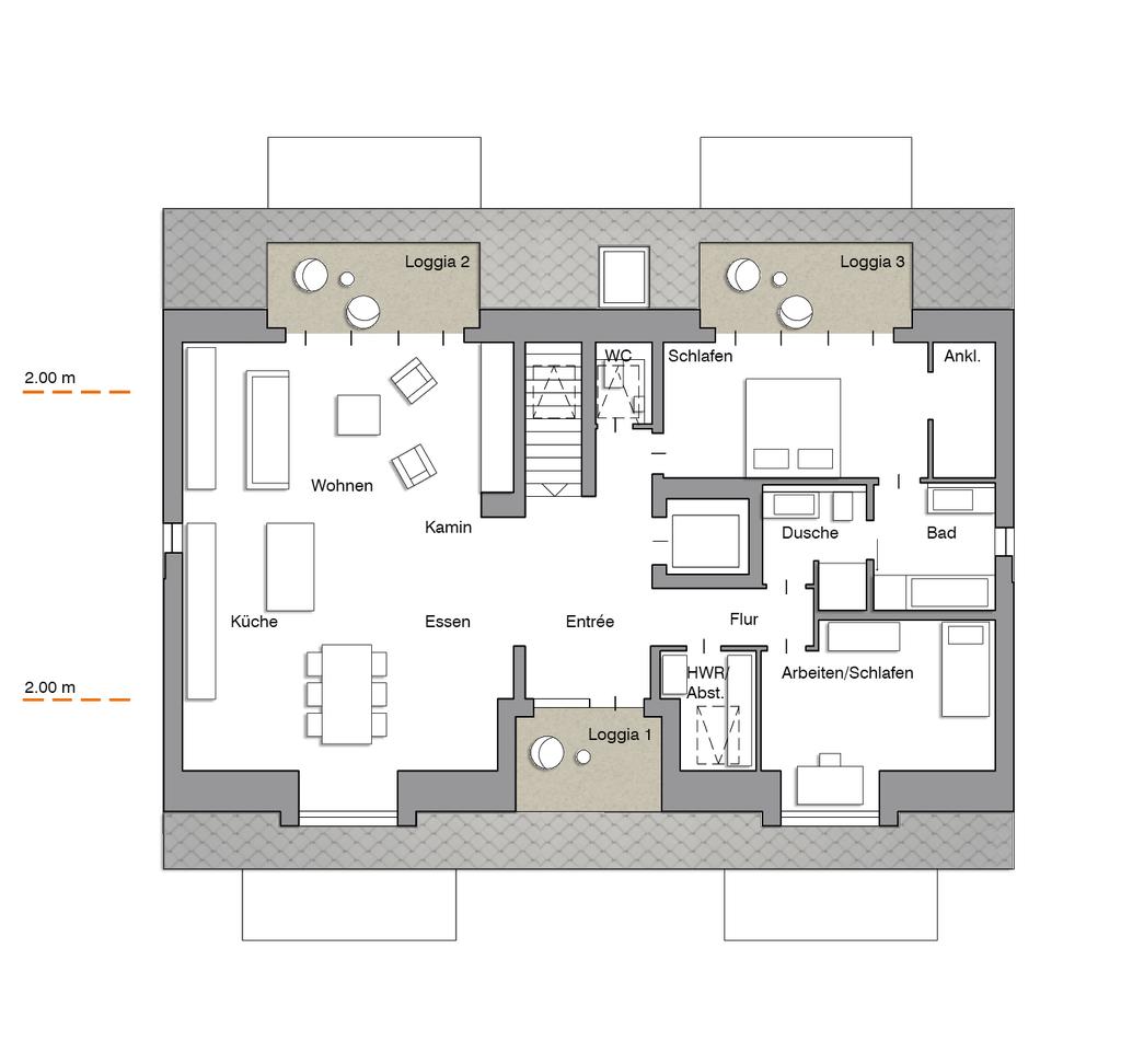 9 Dachgeschoss 9 Wohnfläche 142.51 m² Ankleide Arbeiten/ Dusche Entrée Essen Flur Diele Hauswirtschaftsraum Loggia 1* Loggia 2* Loggia 3* WC Wohnen 3.06 m² 15.21 m² 6.