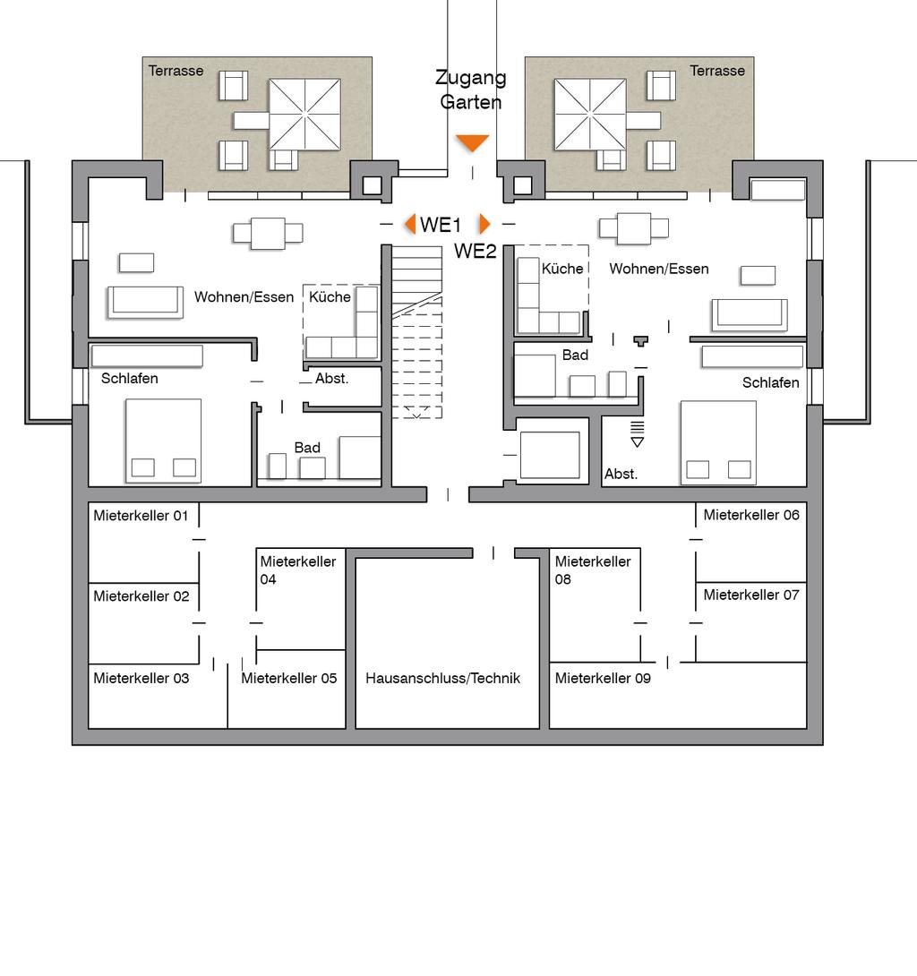 1 & 2 Gartengeschoss 1 2 Wohnfläche 55.43 m² Wohnfläche 51.77 m² Abstellraum Terrasse* Wohnen/Essen 1.84 m² 4.74 m² 3.74 m² 13.68 m² 8.62 m² 22.
