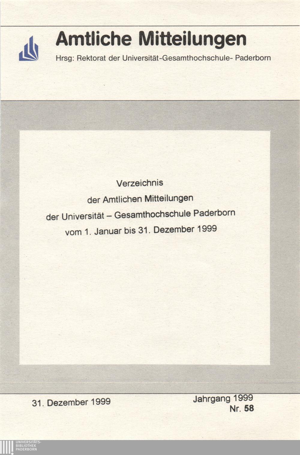 Amtliche Mitteilungen Hrsg: Rektorat der Universität-Gesamthochschule- Paderborn Verzeichnis der Amtlichen Mitteilungen